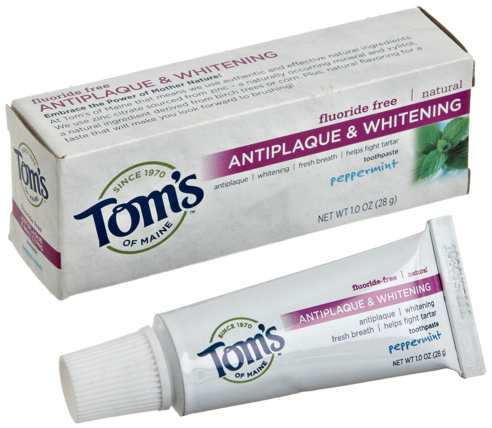 Tom's of Maine Peppermint Fluoride Free Antiplaque & Whitening toothpaste travel size front view