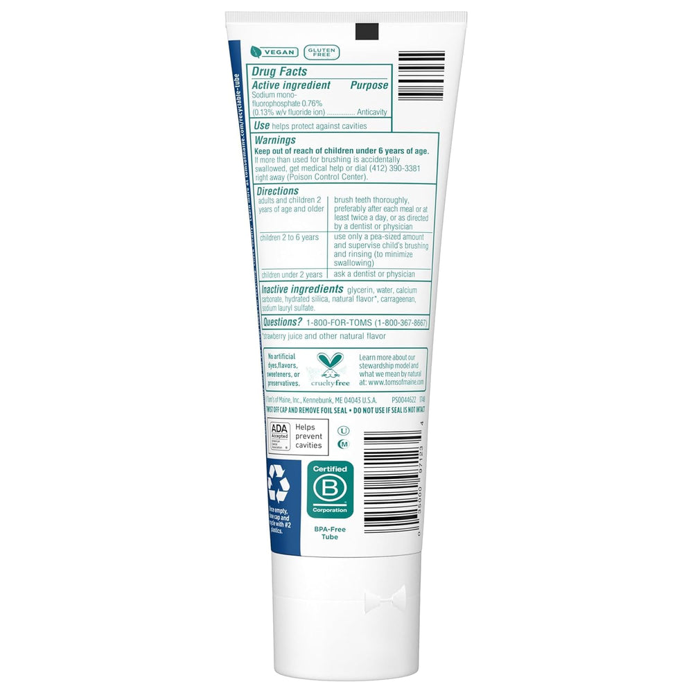 Packaging for Tom's of Maine Silly Strawberry toothpaste 6 per case