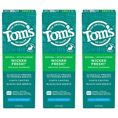 Three 4 oz tubes of Tom's of Maine Wicked Fresh 3-pack toothpaste visible from the front