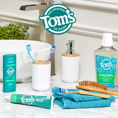 Lifestyle shot highlighting fresh breath benefits of Tom's of Maine Wicked Fresh