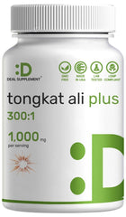 Bottle of Tongkat Ali Extract 300:1 with Horny Goat Weed 1100mg showing label