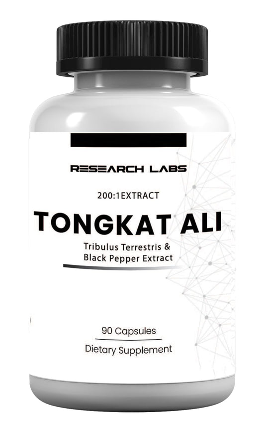 Bottle of Research Labs Tongkat Ali Extract Capsules 200x strength