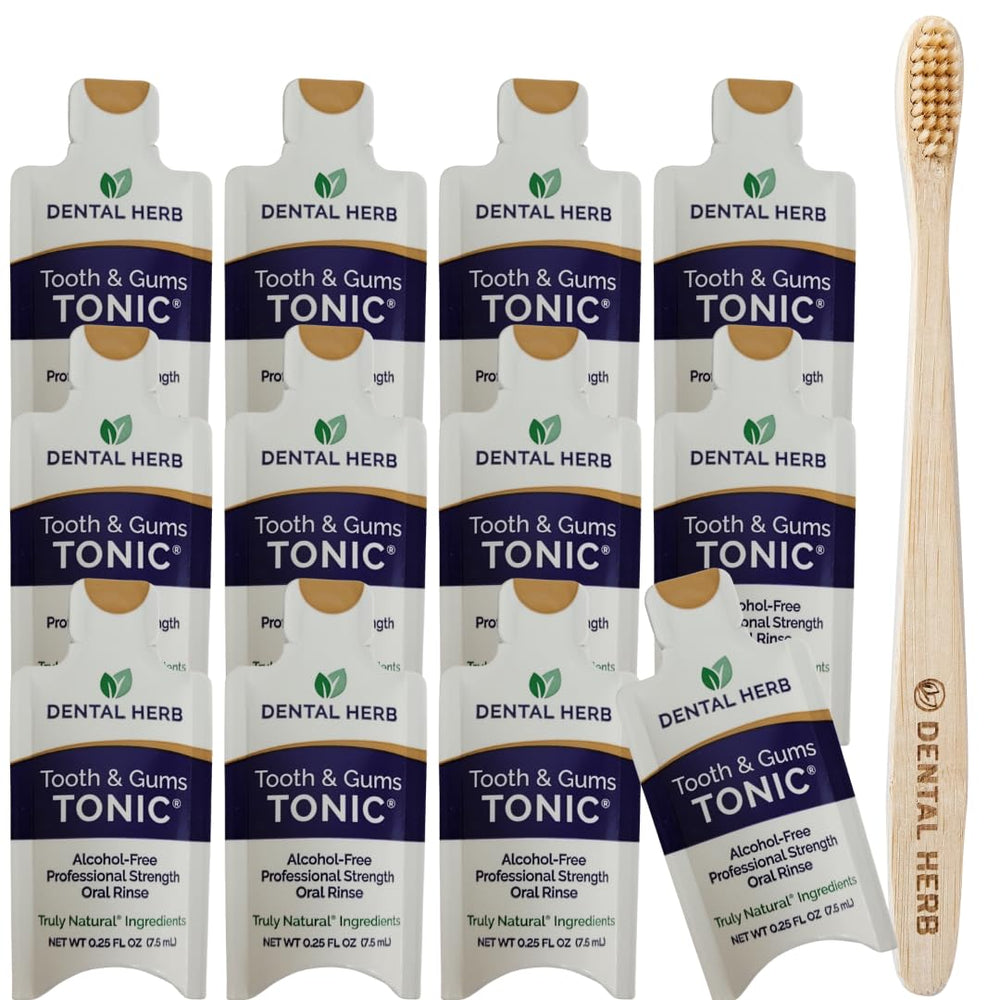 Hero image: TONIC Traveler Mouthwash Minis 12-pack with Bamboo Toothbrush