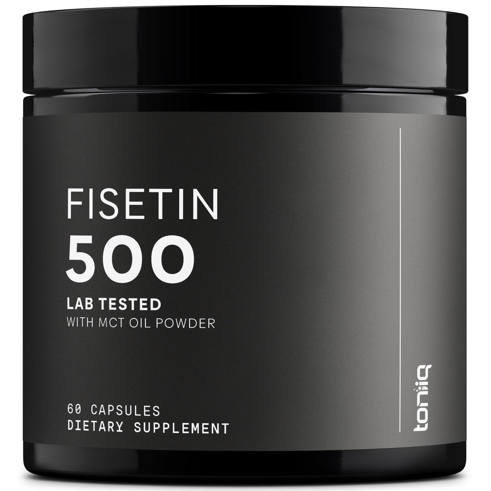 Toniiq Fisetin 500mg bottle front shows premium packaging for daily wellness support
