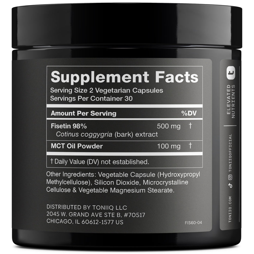 Toniiq Fisetin 500mg bottle side label with ingredients