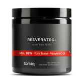 Toniiq Resveratrol bottle front, 180 capsules, 98% trans-resveratrol