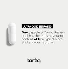 Batch testing label near Toniiq Resveratrol bottle confirms quality checks.