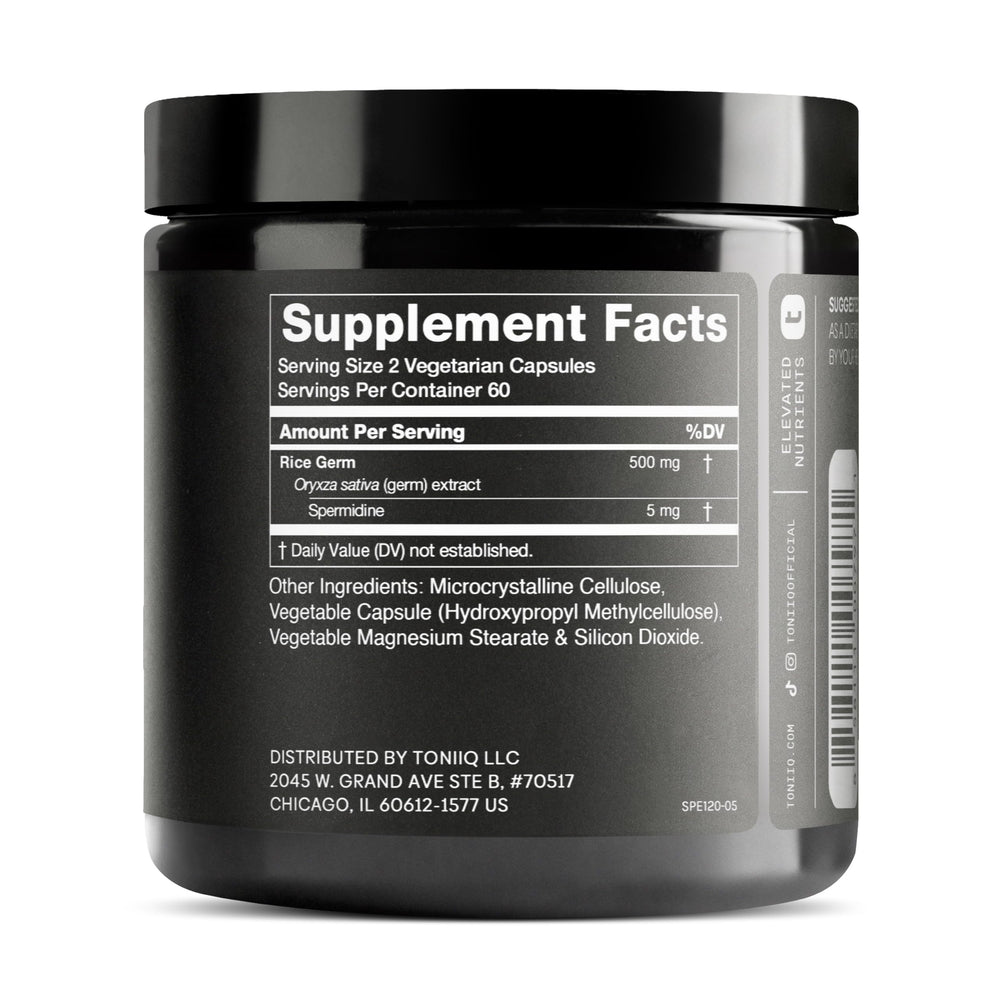Toniiq Spermidine label showing potency and standardization