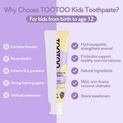 Close-up of toothpaste tube showing Yogurt Grape flavor label