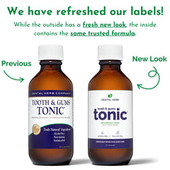 Close-up of Tooth & Gums Tonic bottle with label