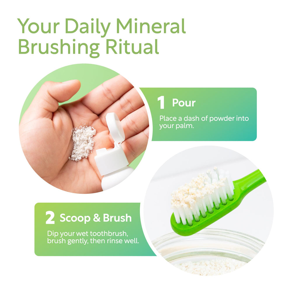 Tooth powder being sprinkled onto a wet toothbrush