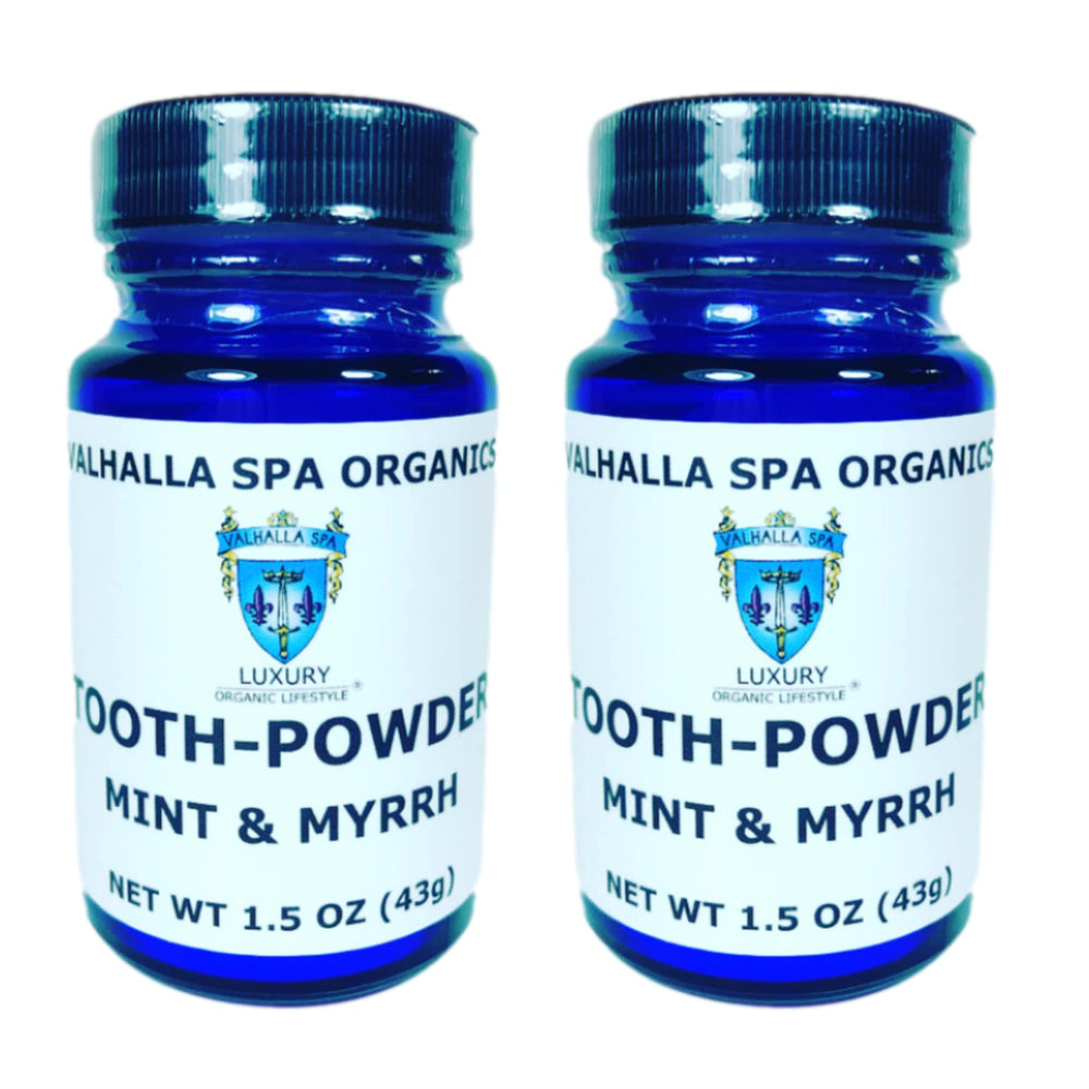 Front view of Valhalla Spa Organics Tooth Powder Mint & Myrrh in a glass jar