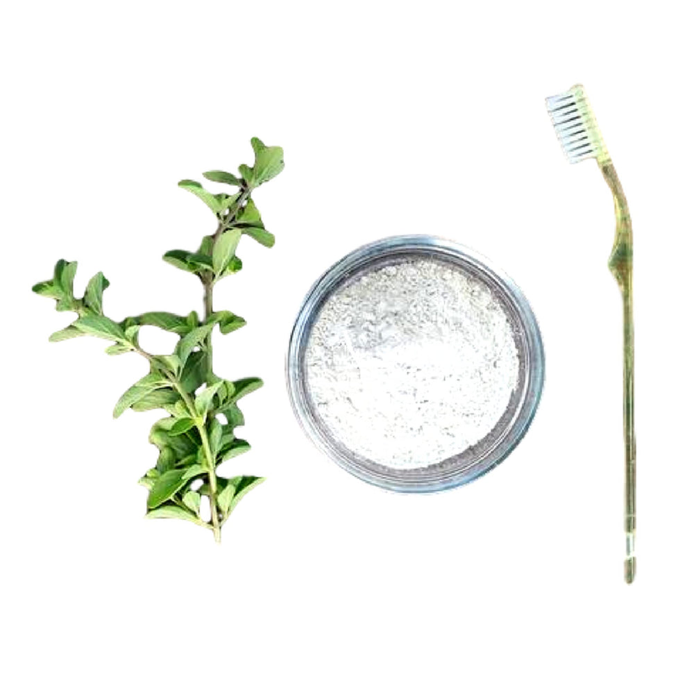 Close-up of the glass jar containing mint and myrrh tooth powder
