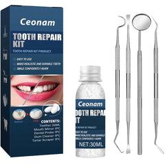 Ceonam Tooth Repair Kit contents arranged: 30ml moldable bead, mirror, and cleaners