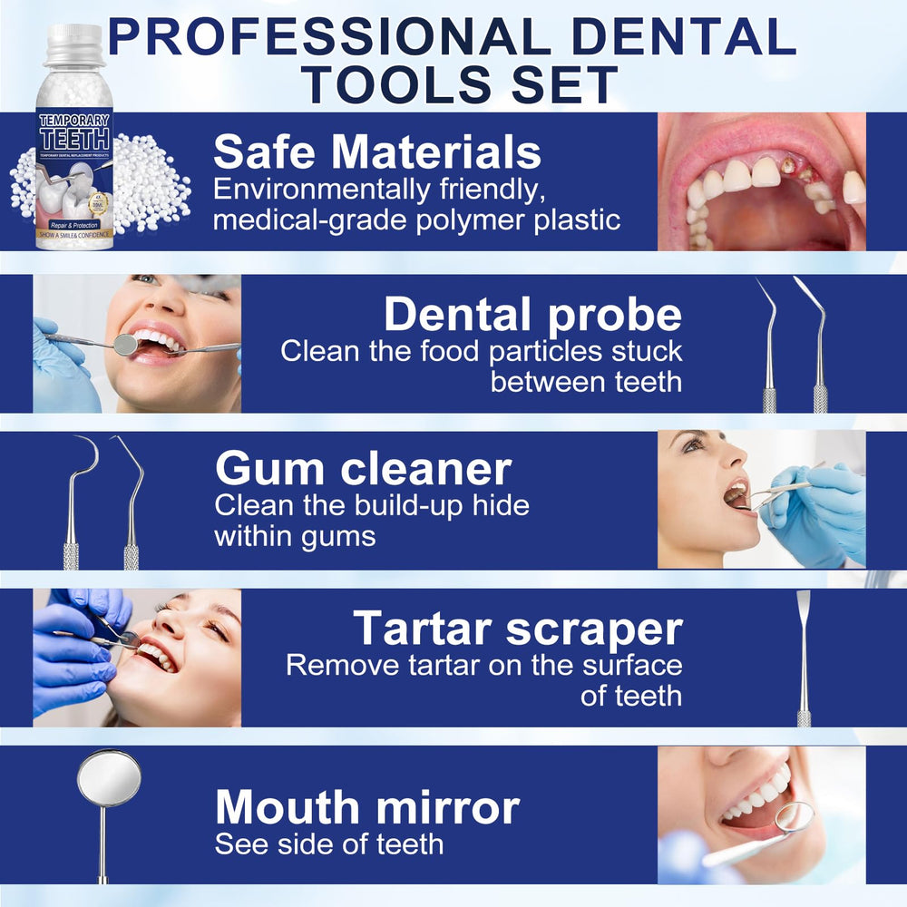 Arrangement of 30ml tooth beads and dental tools