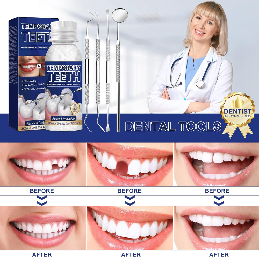 Smiling person with temporary tooth restoration using the kit