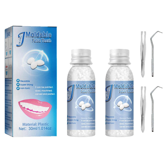 Tooth Repair Kits package with 2x30ml moldable denture beads and 4 dental tools