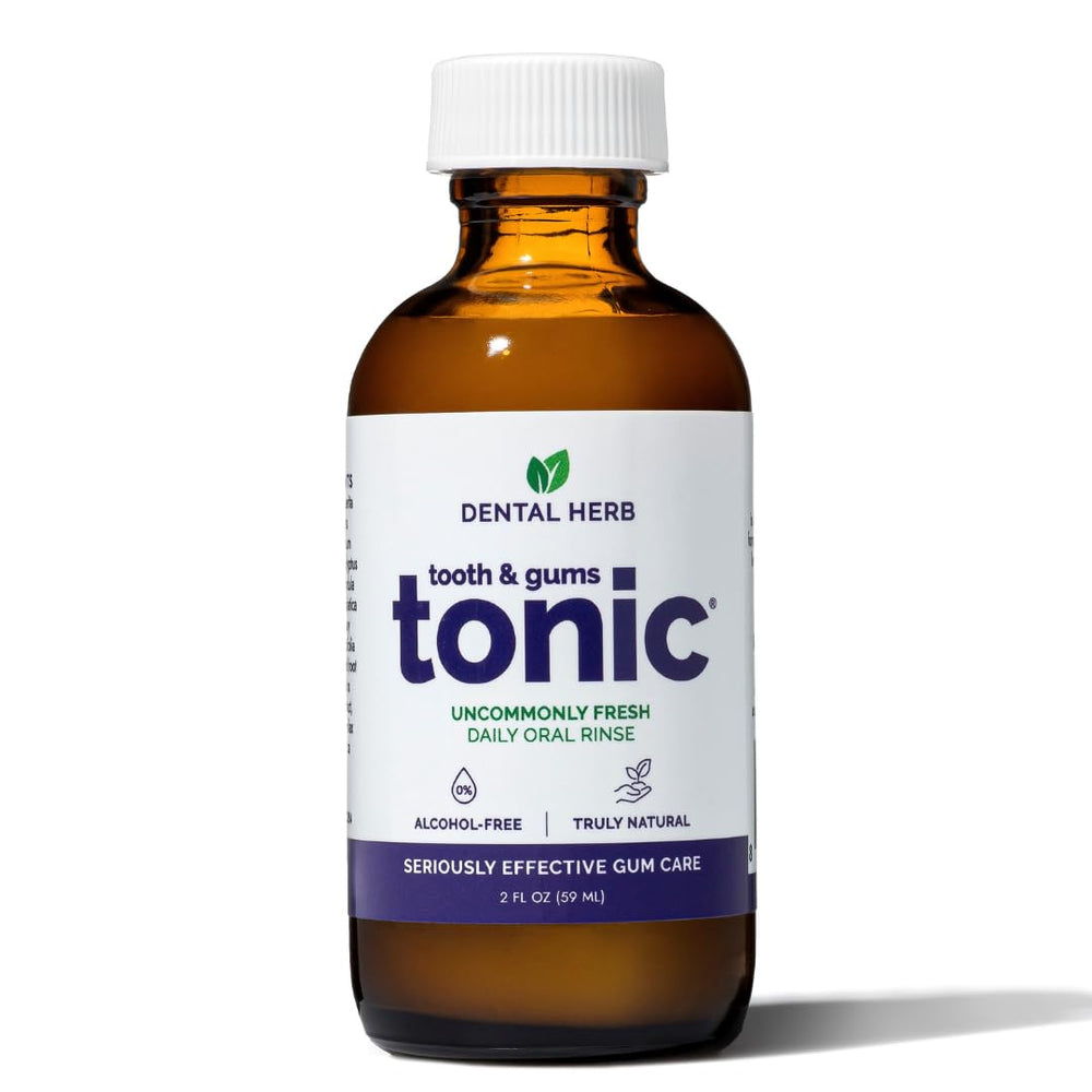 Travel-size 2 oz bottle of Tooth & Gums Tonic Natural Mouthwash