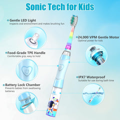 LED light and bristles of Kids Electric Toothbrush Astronauts Blue