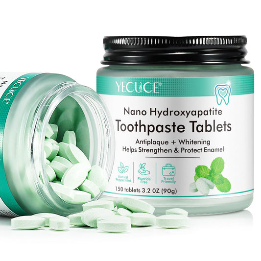 Close-up of nano-hydroxyapatite toothpaste tablets