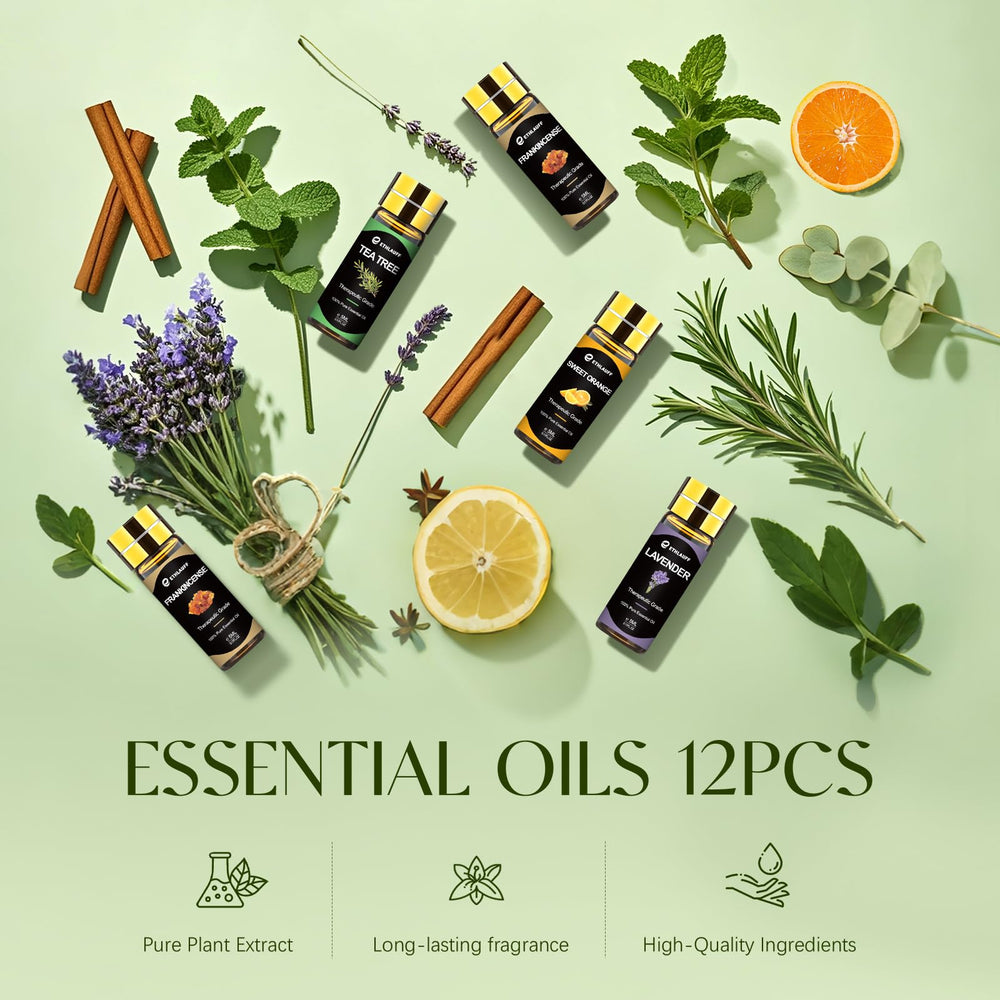 Rosemary, frankincense, and lemon essential oils shown