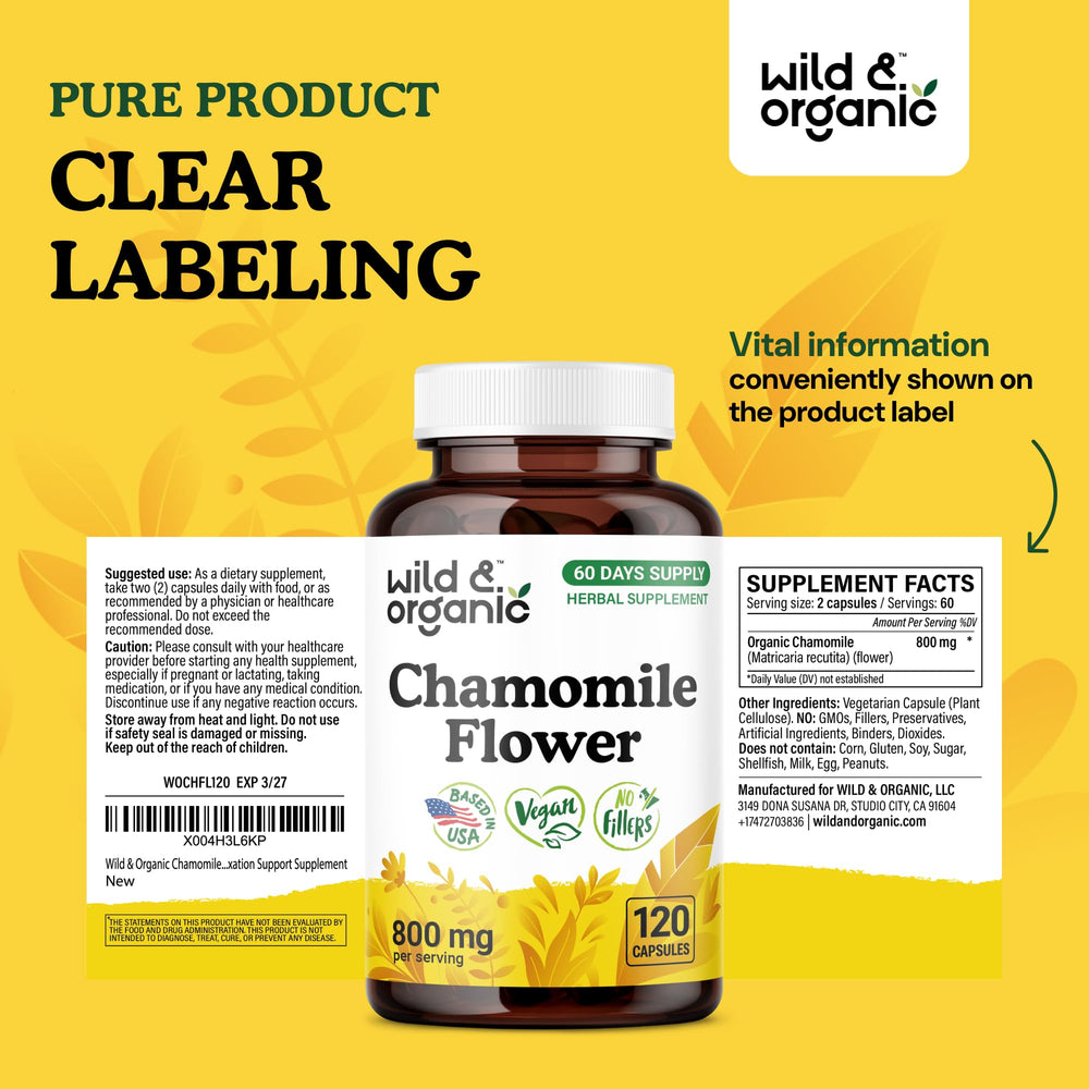 Top cap and bottle of Wild & Organic Chamomile Extract Capsules