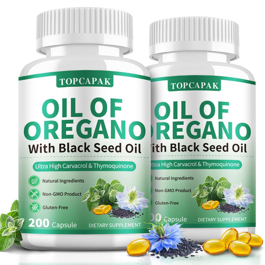 Front view of TOPCAPAK Oil of Oregano with Black Seed Oil softgels bottle (400 softgels).
