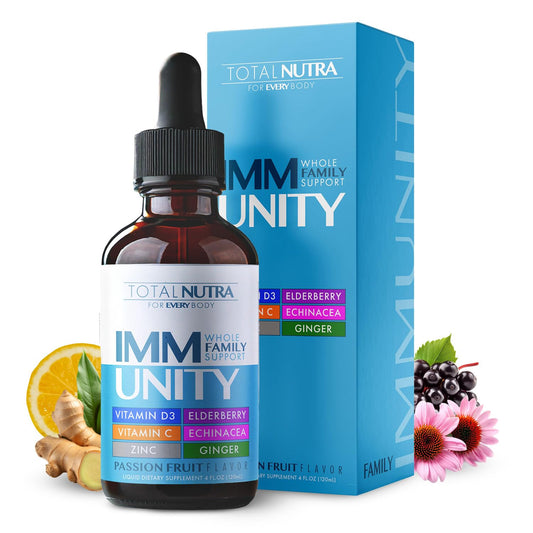 Front view of Total Immune 6-in-1 Liquid Multivitamin bottle in passion fruit flavor