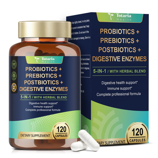 Totaria 5-in-1 probiotic bottle highlighting 60B CFU and multiple strains