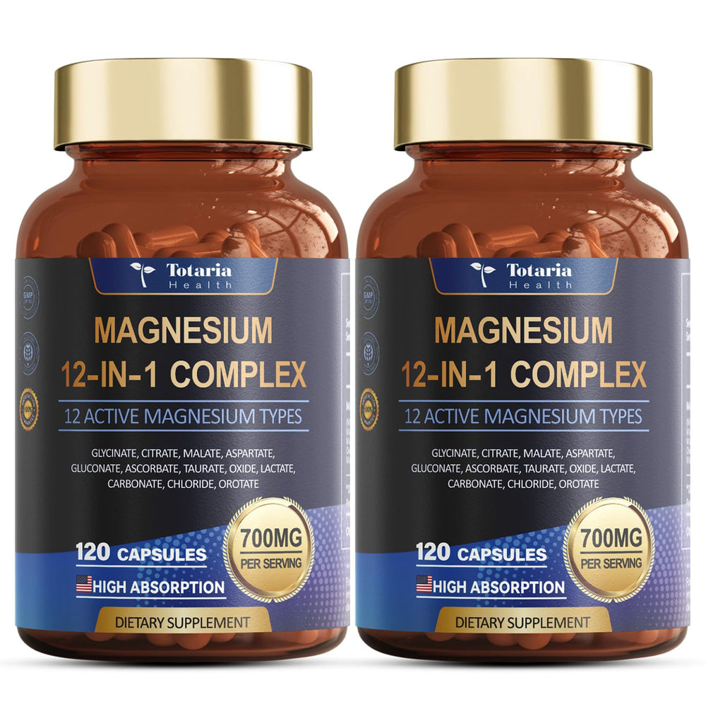 Totaria Magnesium Complex bottle shows 12 chelates for enhanced absorption.