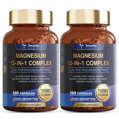 Totaria Magnesium Complex bottle shows 12 chelates for enhanced absorption.