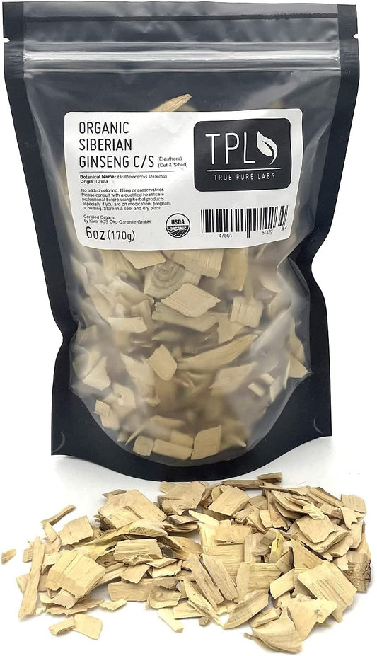 Front view of True Pure Labs Organic Siberian Ginseng Eleuthero Root Dried C/S 6oz