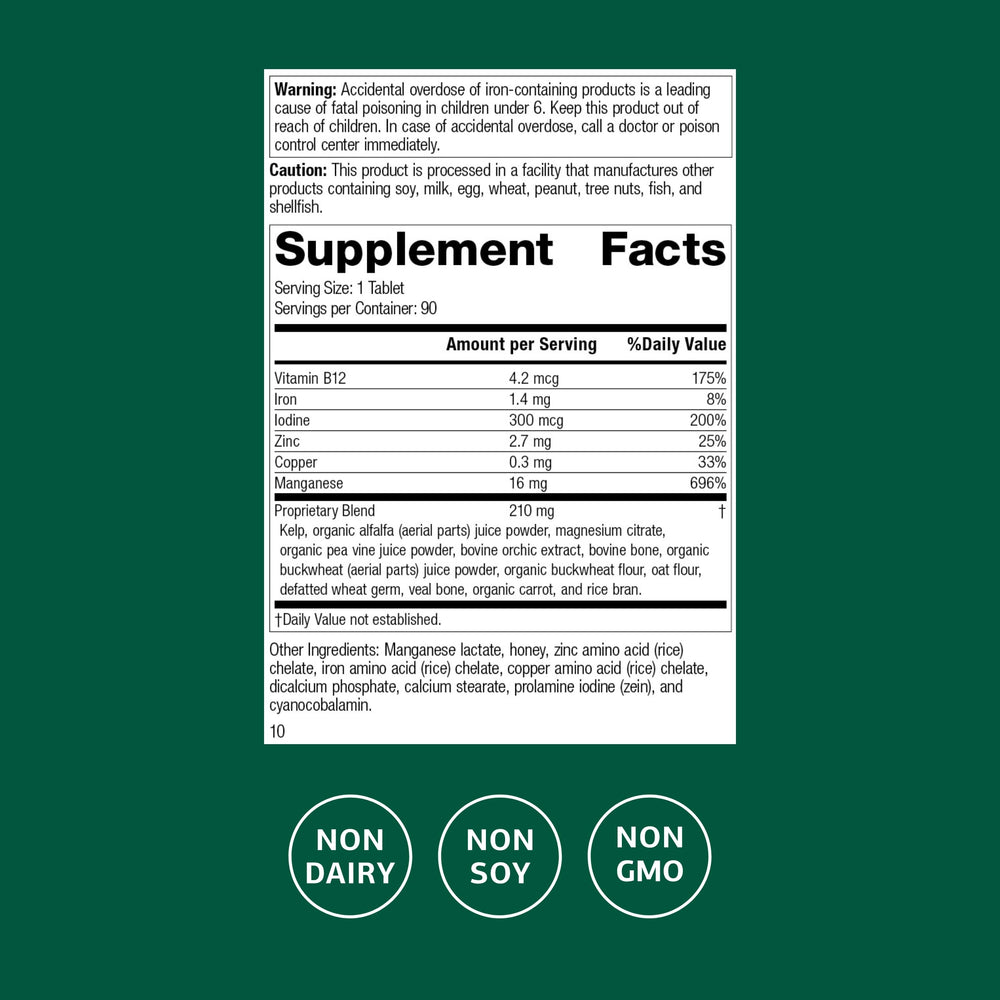 Close-up of Trace Minerals-B12 bottle label highlighting iodine, zinc, and copper