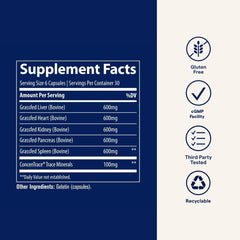 Nutrition facts label for Trace Minerals Beef Organs