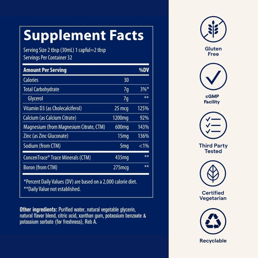 Trace Minerals Cal/Mag/Zinc bottle displayed on a kitchen counter as a gluten-free option.