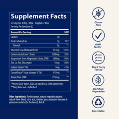 Trace Minerals Cal/Mag/Zinc bottle displayed on a kitchen counter as a gluten-free option.