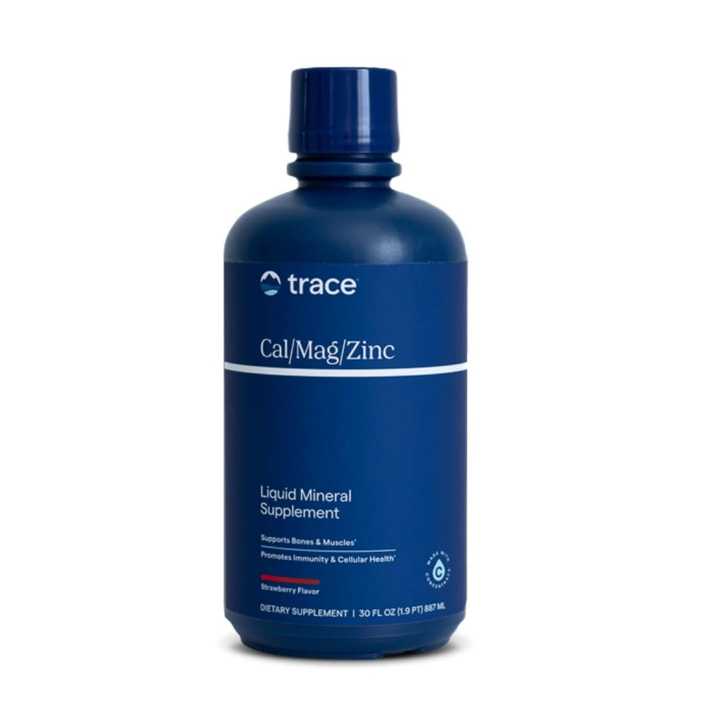 Trace Minerals Cal/Mag/Zinc liquid bottle ready for daily mineral support with a pour.