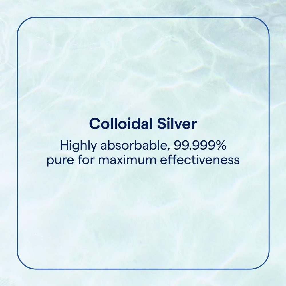 Product packaging and bottle details for colloidal silver supplement