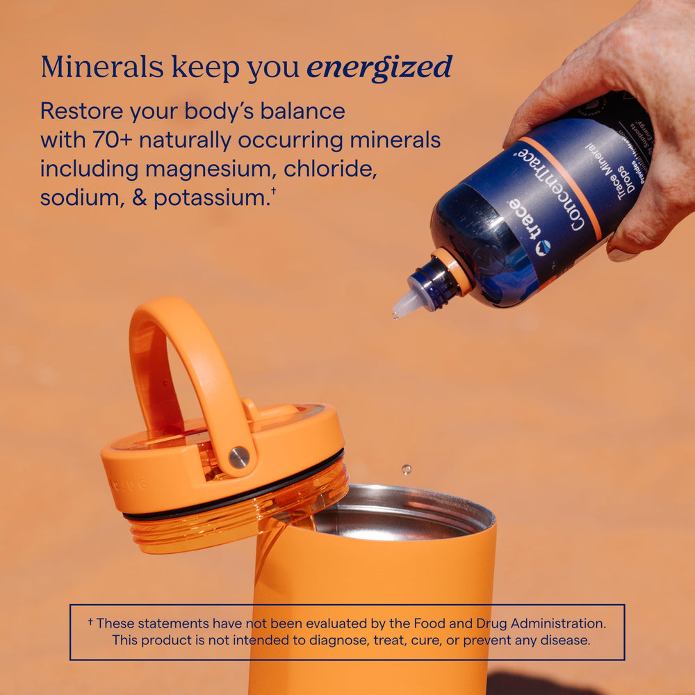 USA-sourced Trace Minerals ConcenTrace bottle emphasizing sustainable heritage.