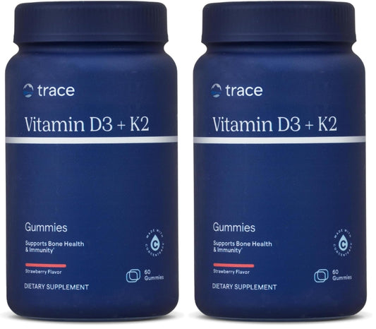 Bottle of Trace Minerals Vitamin D3 + K2 Gummies on white background