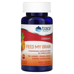 Bottle of Trace Minerals Feed My Brain kids brain support supplement in fruit punch flavor