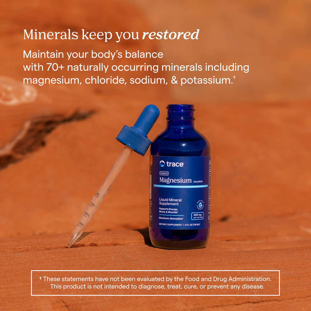 Trace Minerals Ionic Magnesium brain-health implication shown with user at desk.