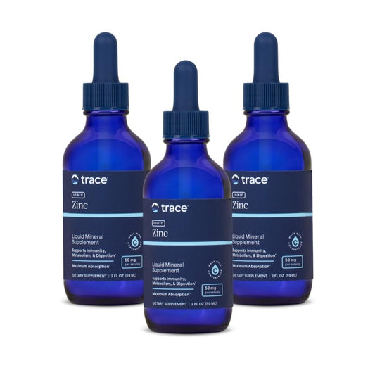 Trace Minerals Ionic Zinc bottle showing 2 oz size in a 3-pack
