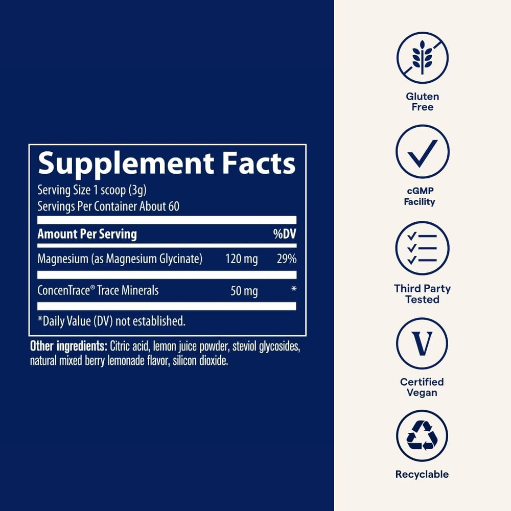 Product label for Trace Minerals Magnesium Glycinate Powder Berry Lemonade 180g
