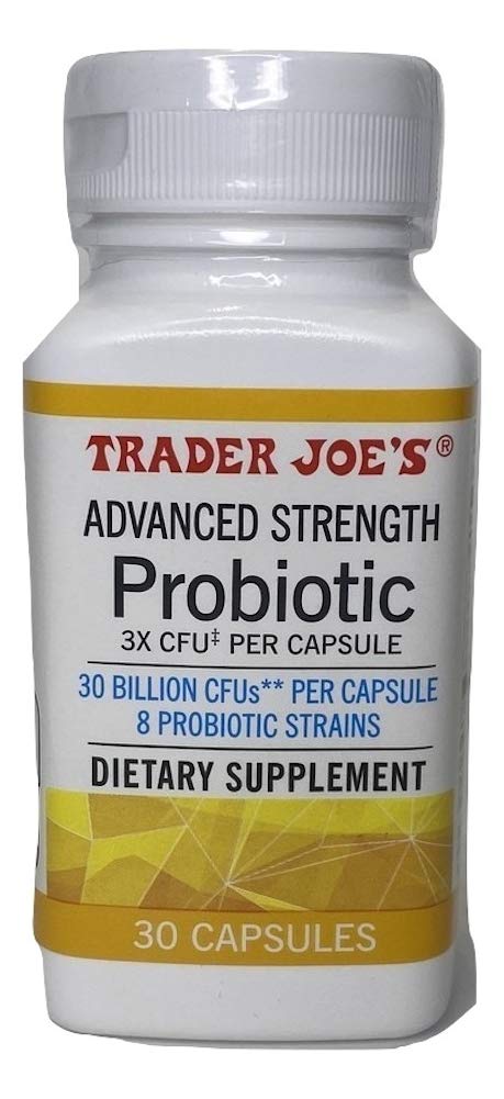 Front view of Trader Joe's Advanced Strength Probiotic bottle