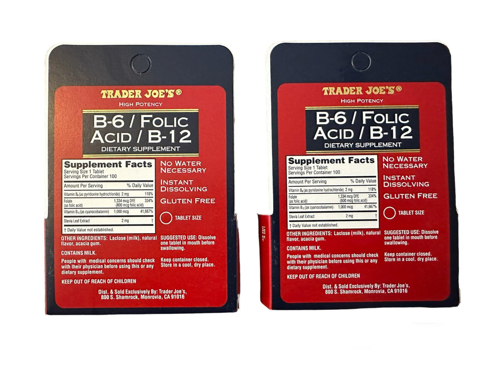 Back label view of Trader Joe's B-6, Folic Acid, and B-12 dietary supplement bottles (2-pack).