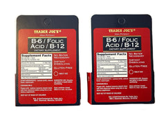 Back label view of Trader Joe's B-6, Folic Acid, and B-12 dietary supplement bottles (2-pack).