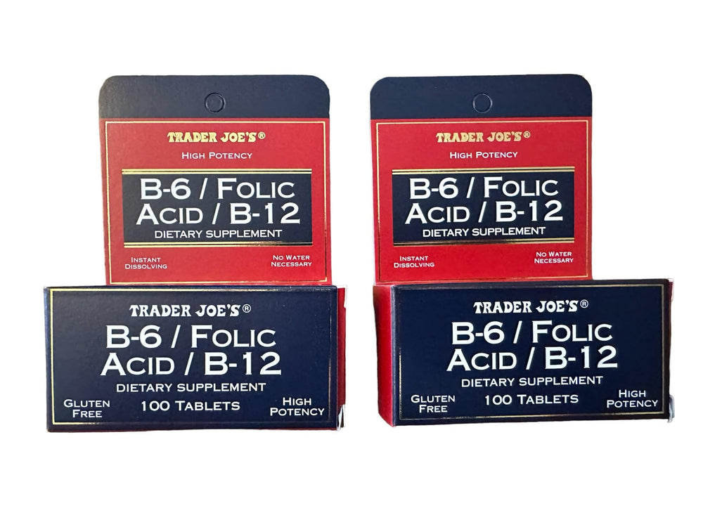 Front view of Trader Joe's B-6, Folic Acid, and B-12 dietary supplement bottles (2-pack).