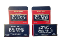 Front view of Trader Joe's B-6, Folic Acid, and B-12 dietary supplement bottles (2-pack).