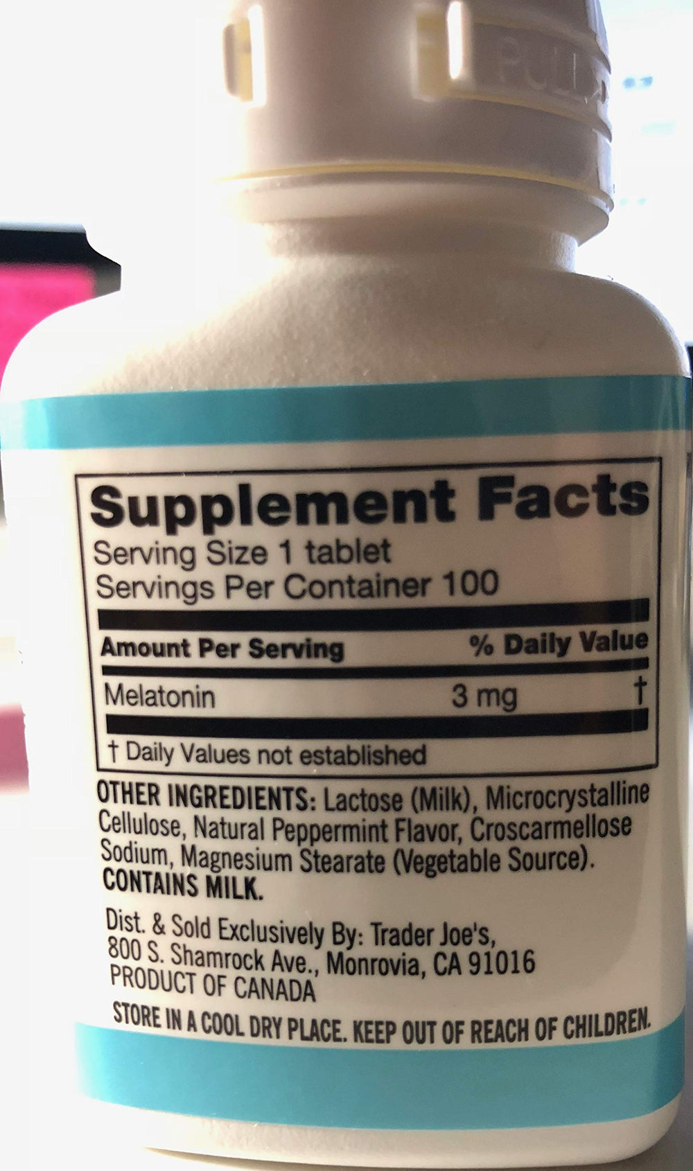Close-up of peppermint melatonin chewables 3mg - Trader Joe's, 100 tablets